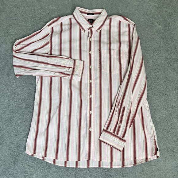 Gap Button Up Shirt Mens XL Striped Pink & Red Classic Cotton Long Sleeve Preppy - Picture 2 of 8